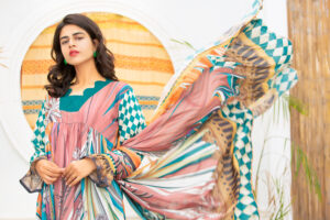 woman wearing a pastel pink and multicolored printed cotton Anarkali