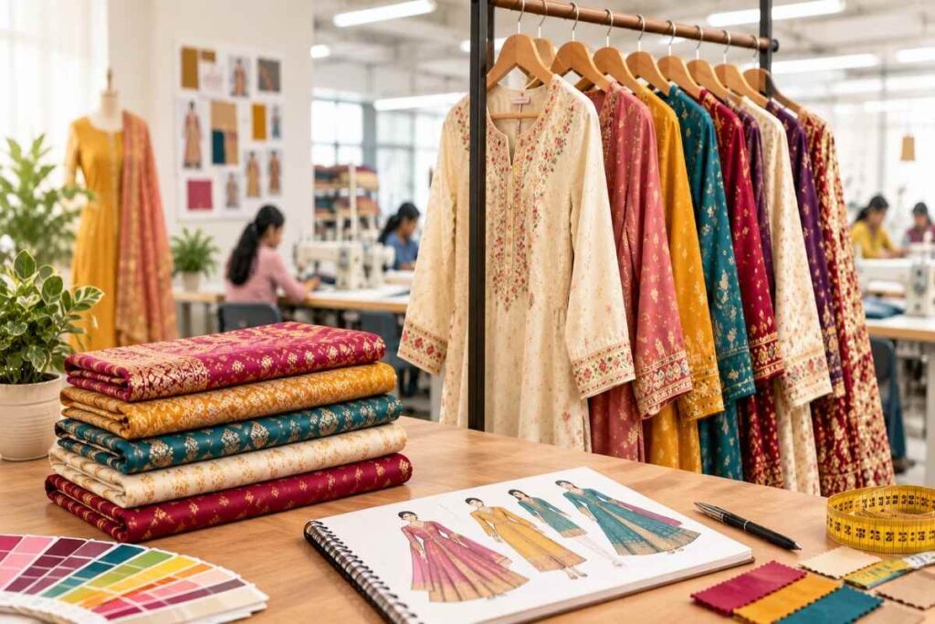 Colorful ethnic garments and fabrics in an Indian clothing manufacturing studio