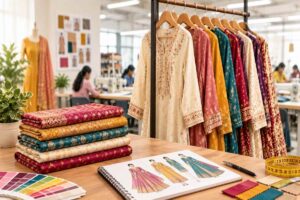 Colorful ethnic garments and fabrics in an Indian clothing manufacturing studio