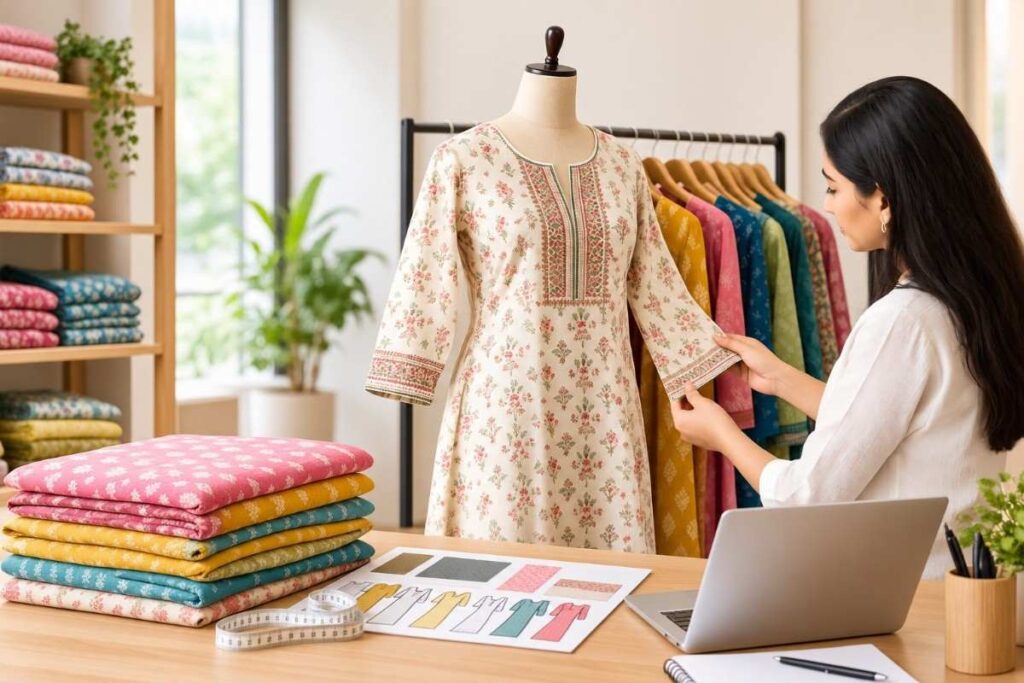 Professional reviewing a printed kurti sample in a wholesale fashion manufacturing studio