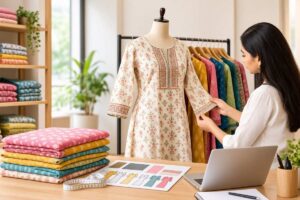 Professional reviewing a printed kurti sample in a wholesale fashion manufacturing studio